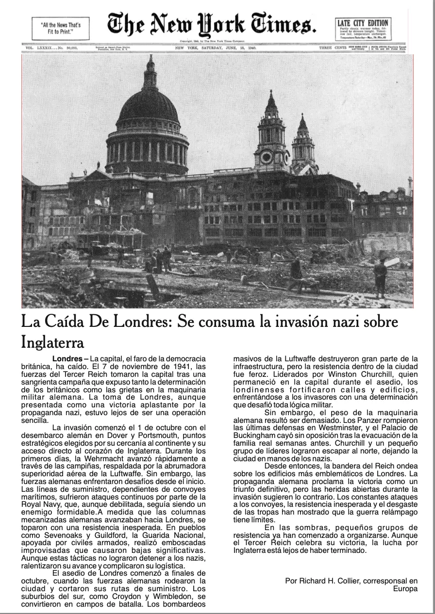 Fictional New York Times front page on the fall of London